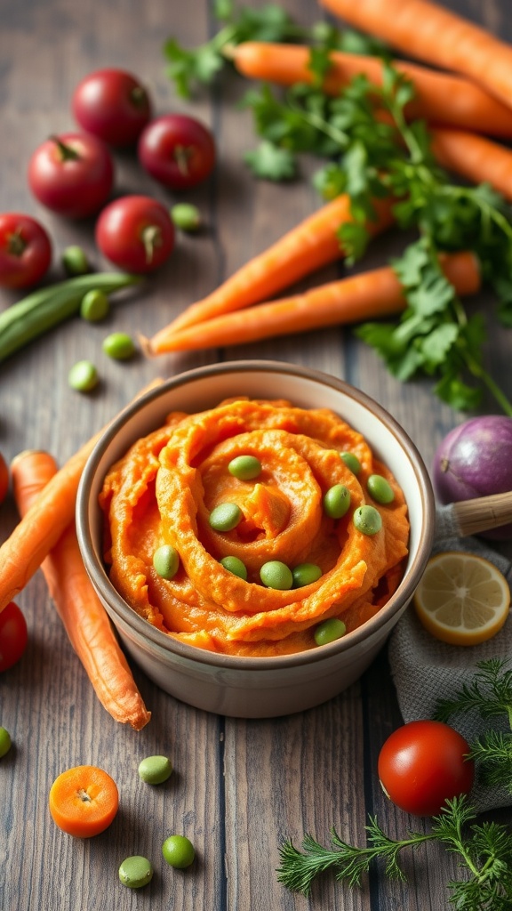 A bowl of carrot and sweet pea mash surrounded by fresh carrots, green peas, and cherry tomatoes.