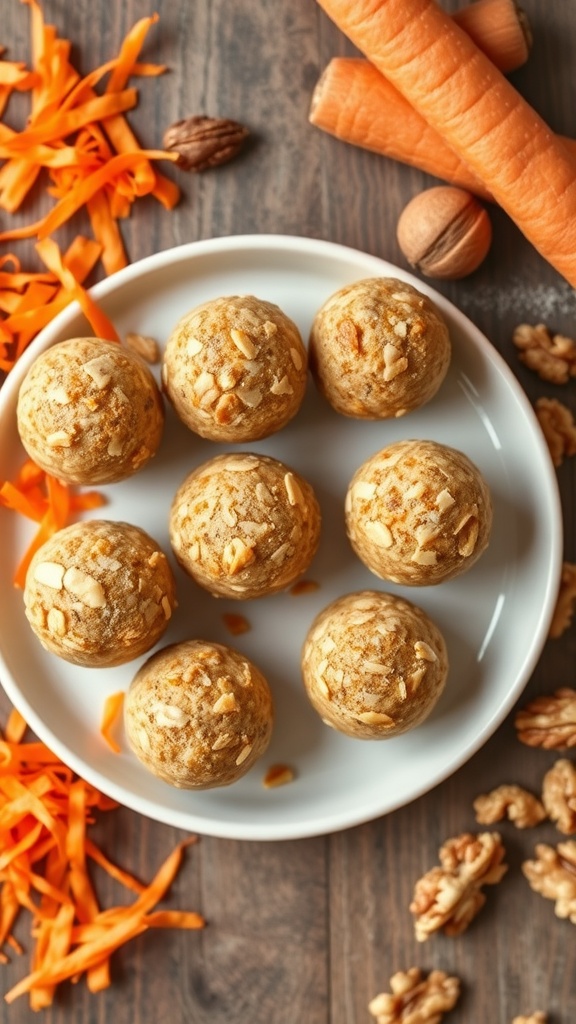 A plate of carrot cake energy bites surrounded by grated carrots and walnuts.