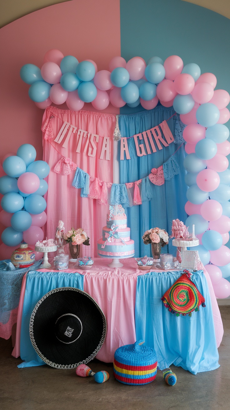 A beautifully decorated baby shower setup with pink and blue balloons, a cake, and festive banners.