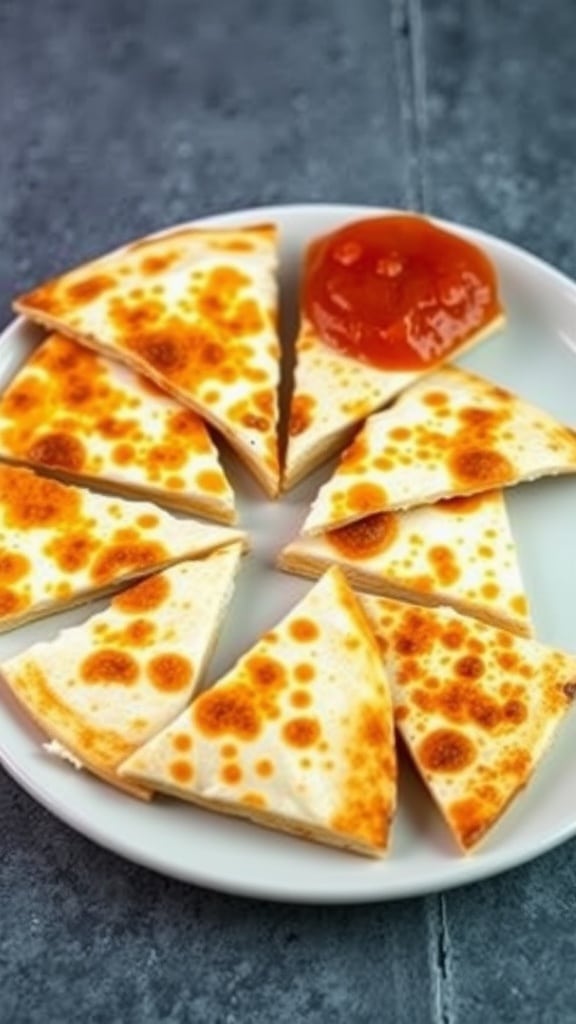 A plate of sliced cheese quesadilla triangles with a side of dipping sauce.