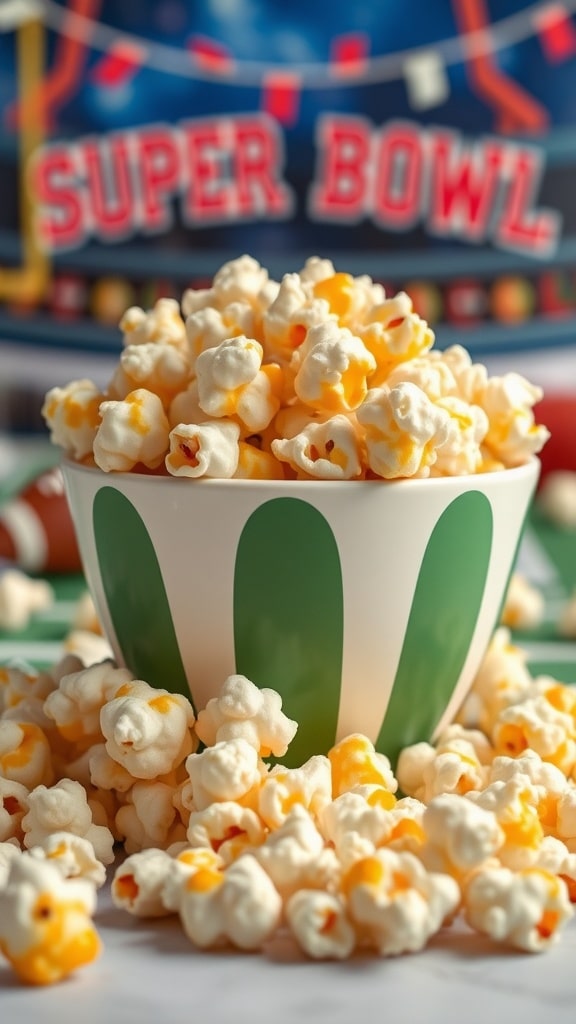 Bowl of cheesy popcorn on a Super Bowl-themed background