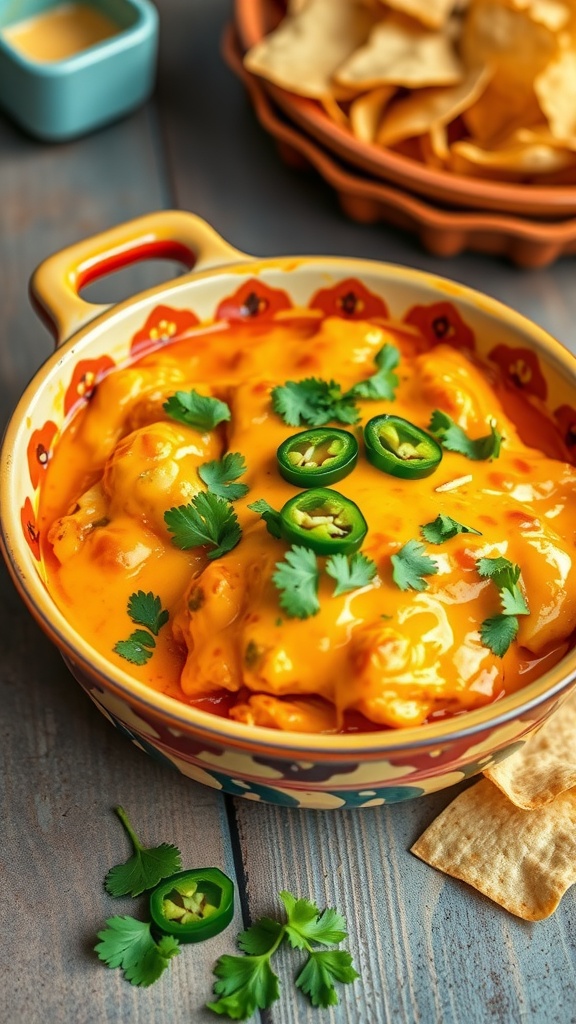 A vibrant bowl of cheesy Southwest chicken casserole topped with jalapeños and cilantro, next to a plate of tortilla chips.