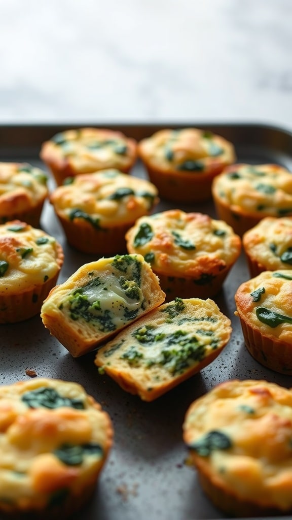 A tray of cheesy spinach and egg muffins, some cut in half to show the filling.