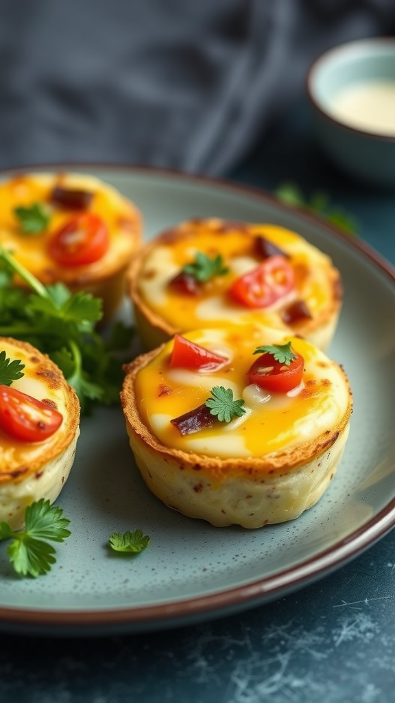 A delicious dish of cheesy veggie bites with eggs, tomatoes, and herbs.