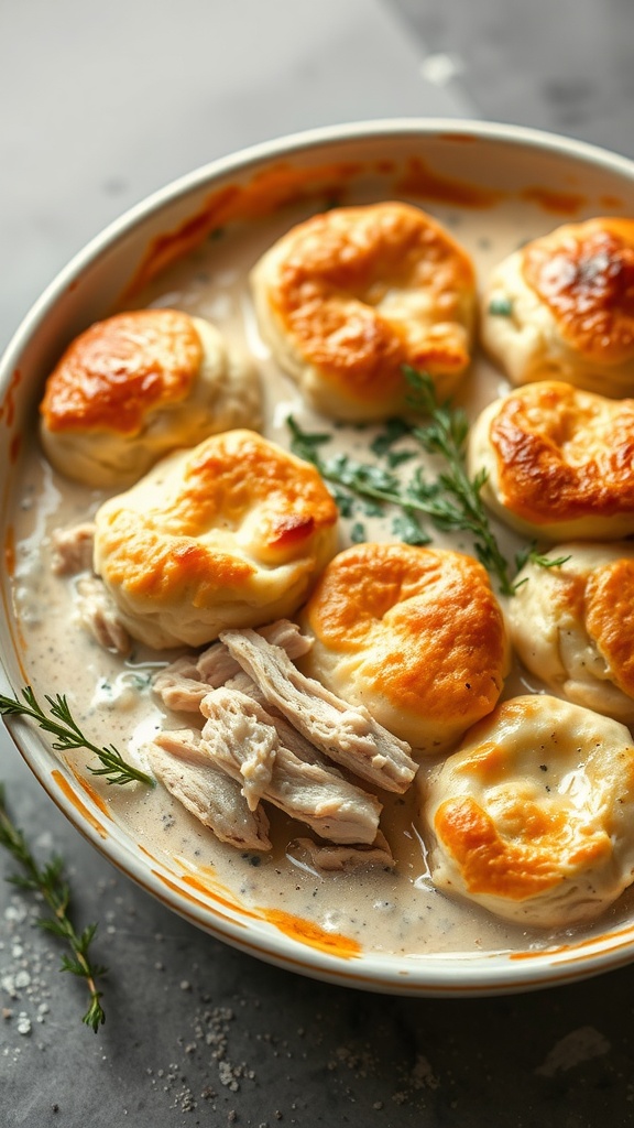 A bowl of Chicken and Biscuit Bake with fluffy biscuits and shredded chicken in creamy sauce.