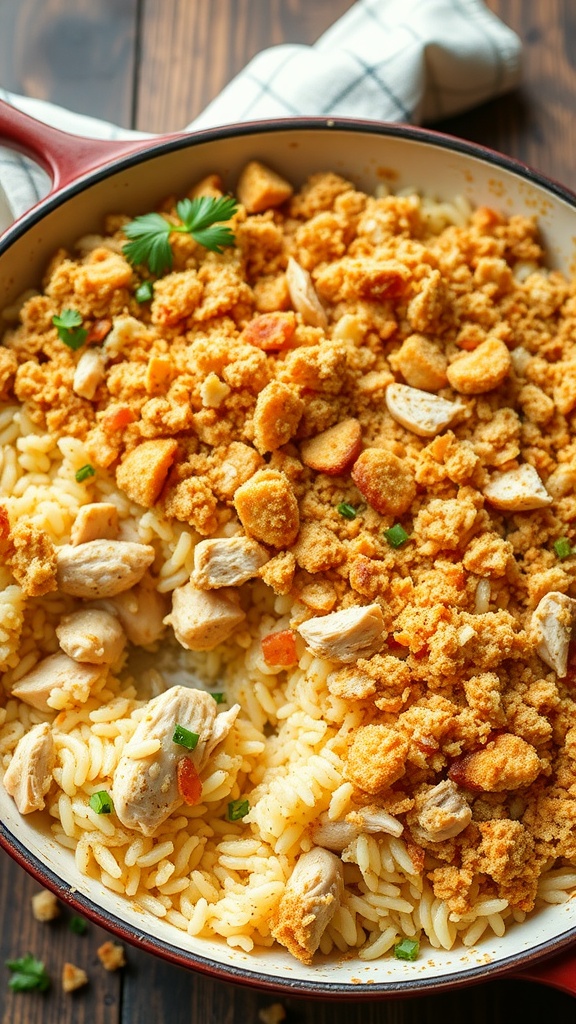 A delicious chicken and rice casserole topped with crunchy bits, featuring pieces of rotisserie chicken and fluffy rice.