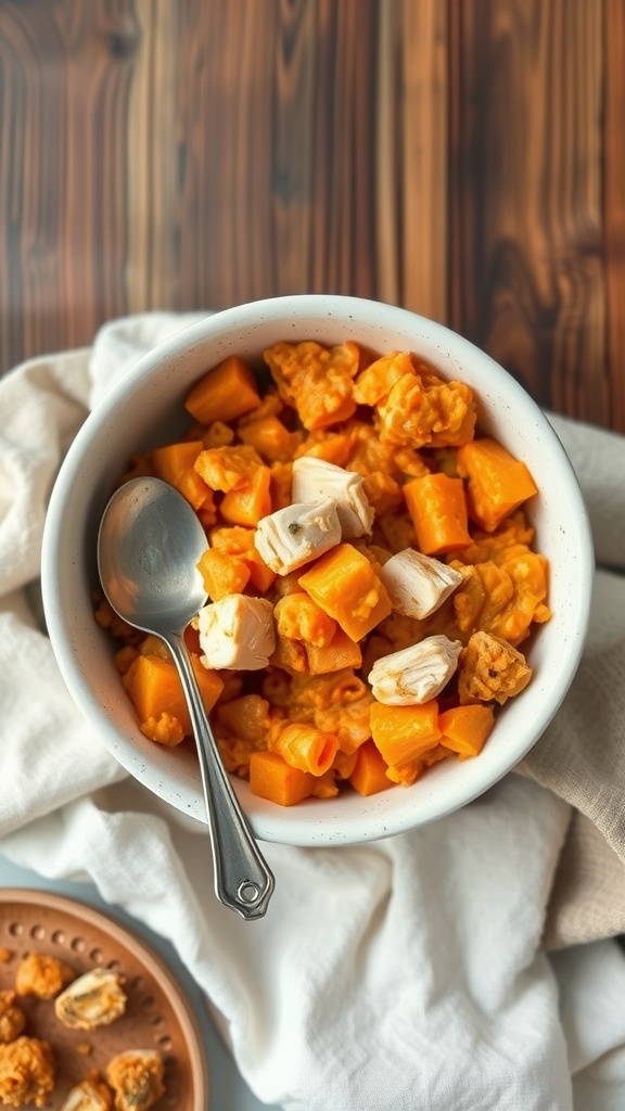 A bowl of chicken and sweet potato mash, featuring chunks of chicken and sweet potatoes.