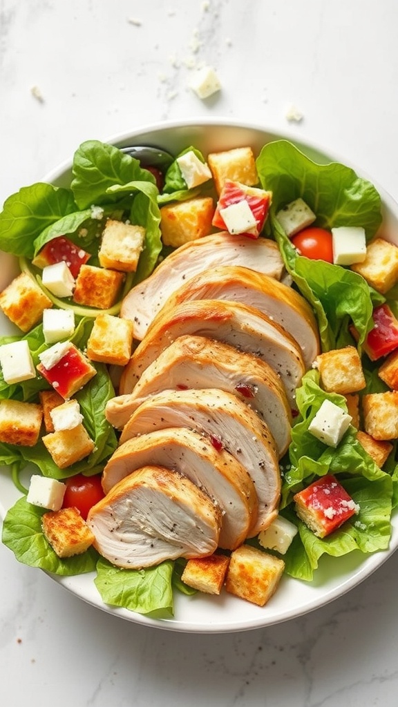 A vibrant Chicken Caesar Salad with sliced rotisserie chicken, croutons, lettuce, and Parmesan cheese.