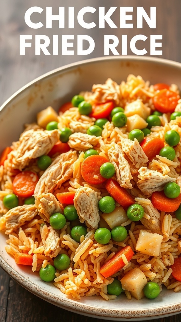 A bowl of chicken fried rice with carrots and peas.