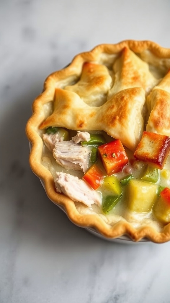 A delicious chicken pot pie with a flaky crust, filled with chicken and colorful vegetables.