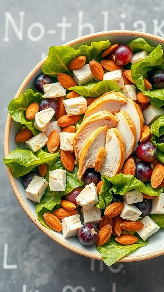 A bowl of chicken salad with grapes, almonds, and leafy greens.