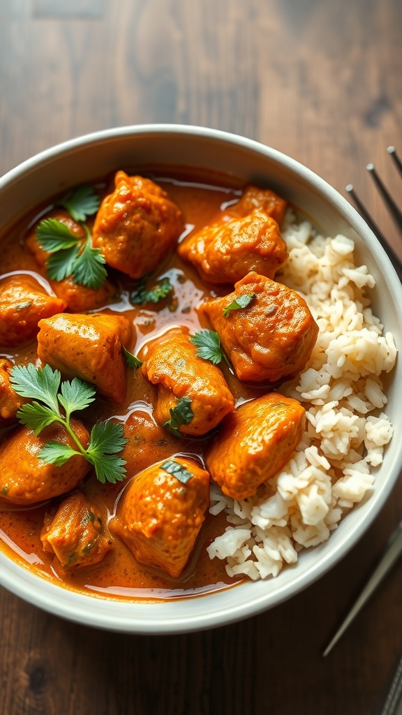 A bowl of Chicken Tikka Masala with rice and garnished with cilantro.