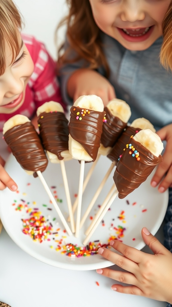 Children enjoying chocolate-dipped banana pops with colorful sprinkles.