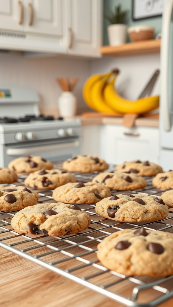 Freshly baked chocolate chip banana cookies cooling on a rack in a kitchen setting.