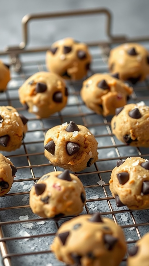 A close-up view of chocolate chip cookie dough bites on a cooling rack.