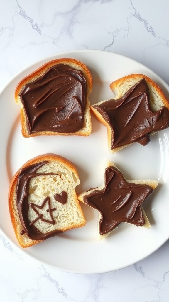 Plate with slices of bread spread with chocolate hazelnut spread, featuring star and crescent shapes.