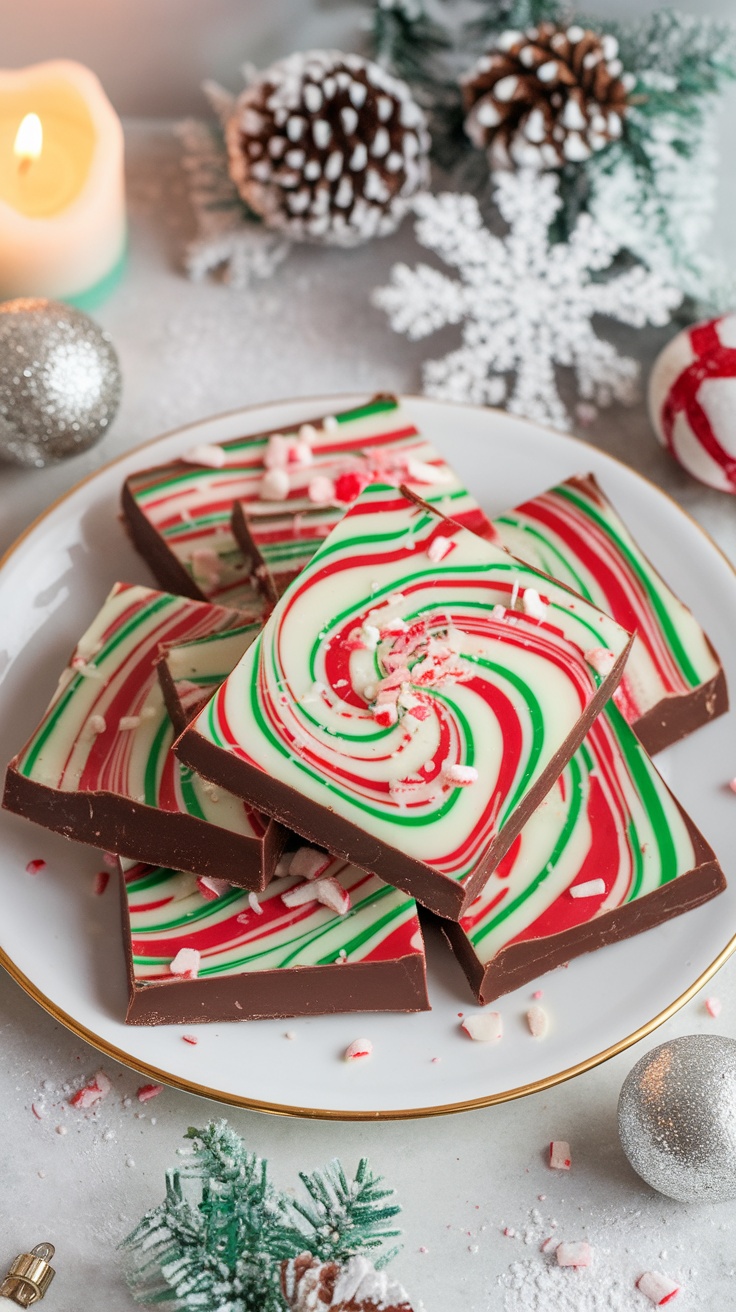 A plate of colorful chocolate peppermint bark squares with red and green swirls.