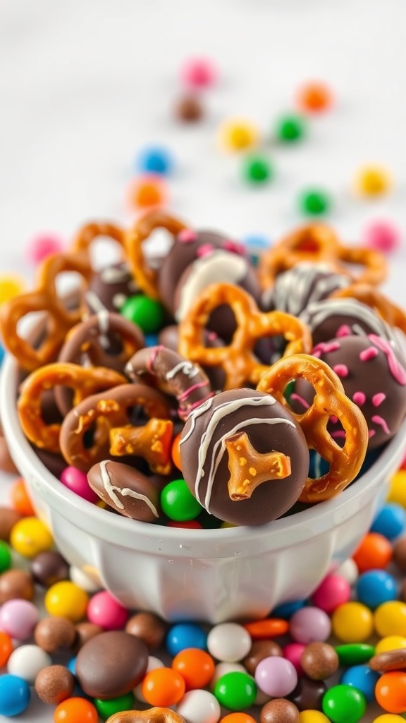 A bowl filled with chocolate-covered pretzel bites and colorful candy.