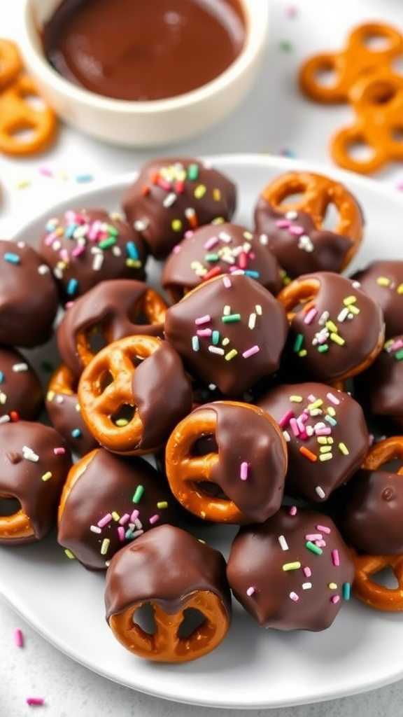 Chocolate pretzel bites with sprinkles on a plate, accompanied by melted chocolate.