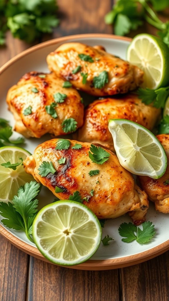 Cilantro lime chicken thighs garnished with lime slices and fresh cilantro, served on a plate