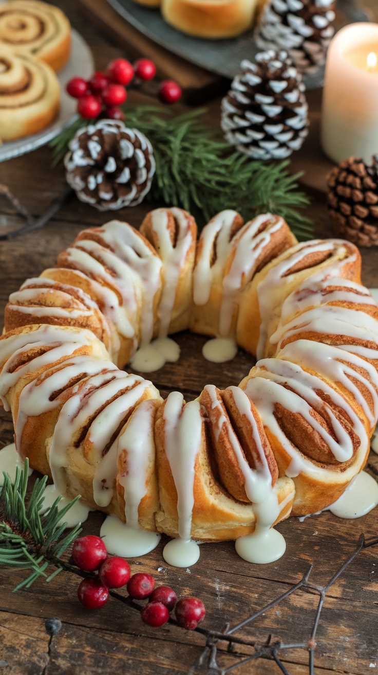 A cinnamon roll wreath with cream cheese glaze, surrounded by festive decorations.