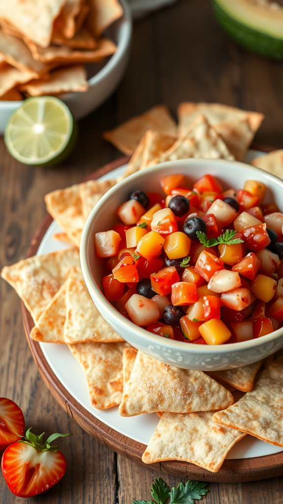 Bowl of cinnamon sugar tortilla chips with fruit salsa on a wooden table