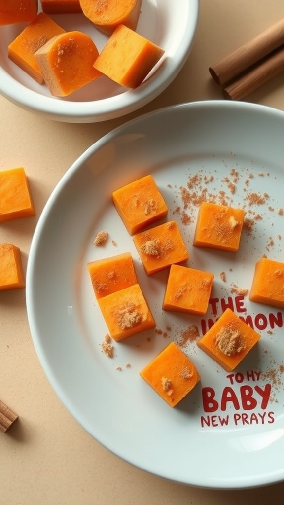 Small cubes of sweet potato sprinkled with cinnamon on a plate