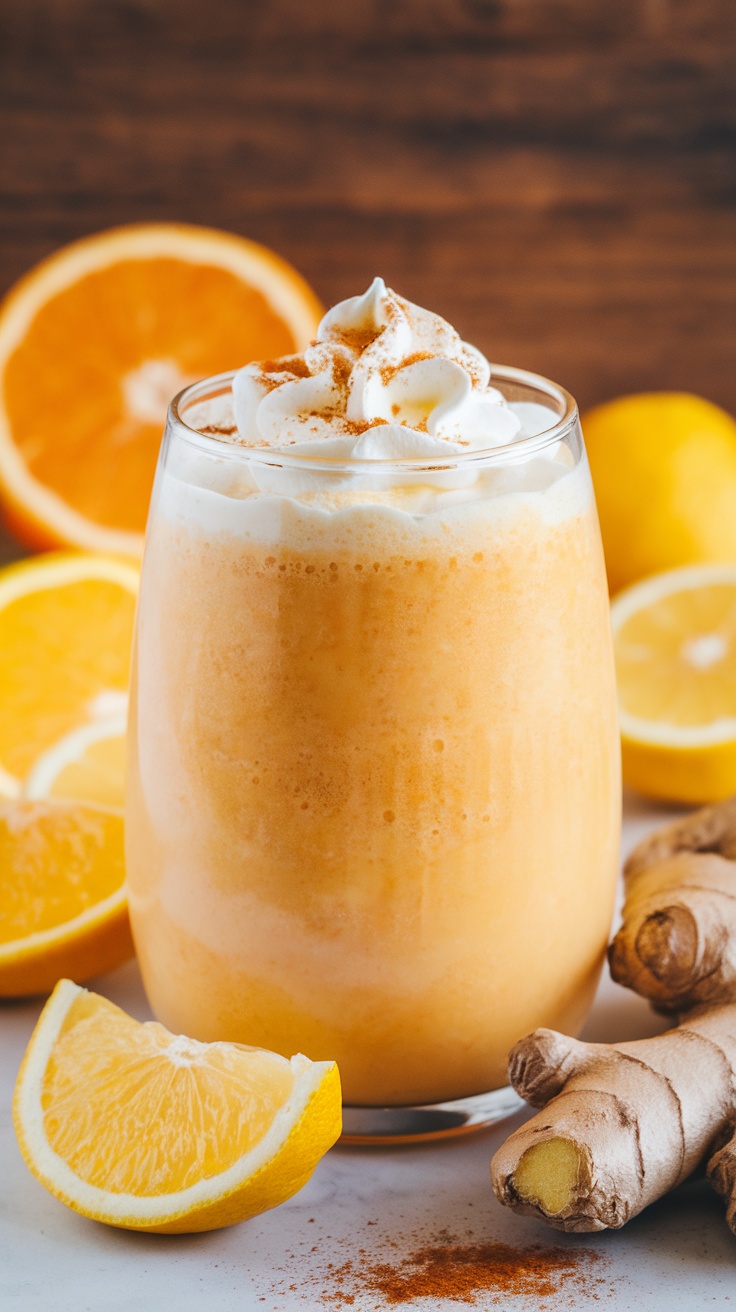 A refreshing Citrus Ginger Zing smoothie with whipped cream and ginger root.