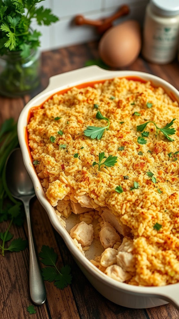 Classic chicken and rice casserole topped with herbs in a baking dish.