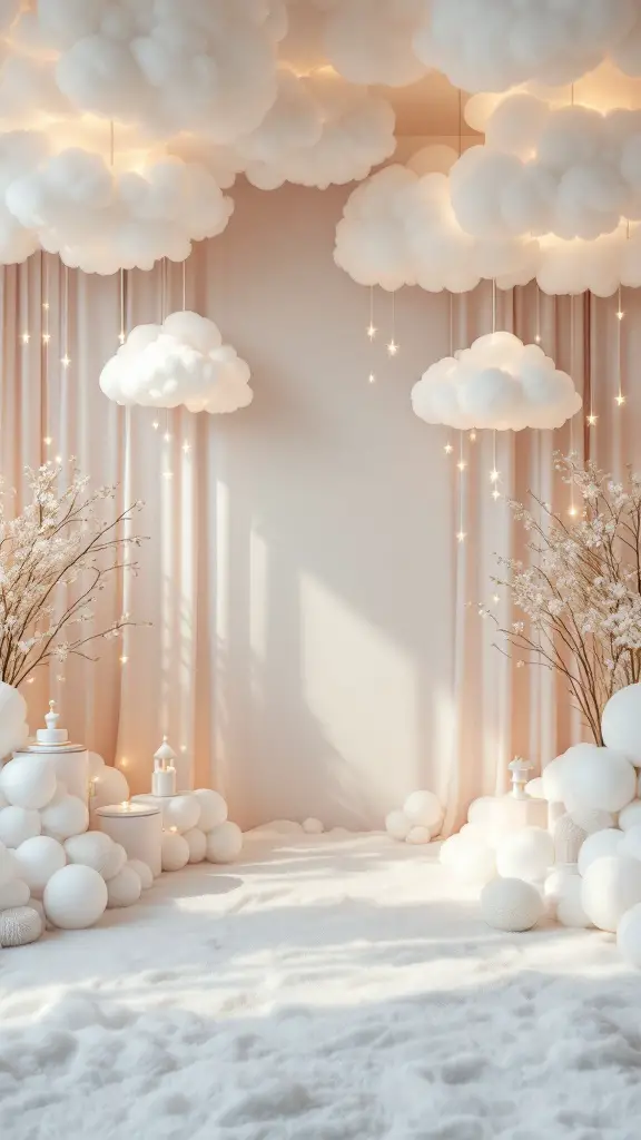 A beautifully decorated space with fluffy white clouds, soft lighting, and airy decor.