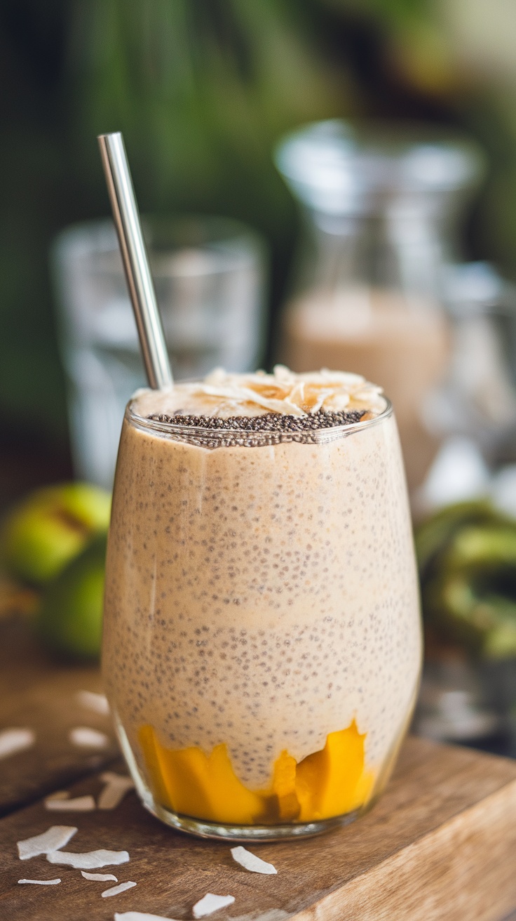 A delicious coconut chia seeds smoothie in a glass with a silver straw.