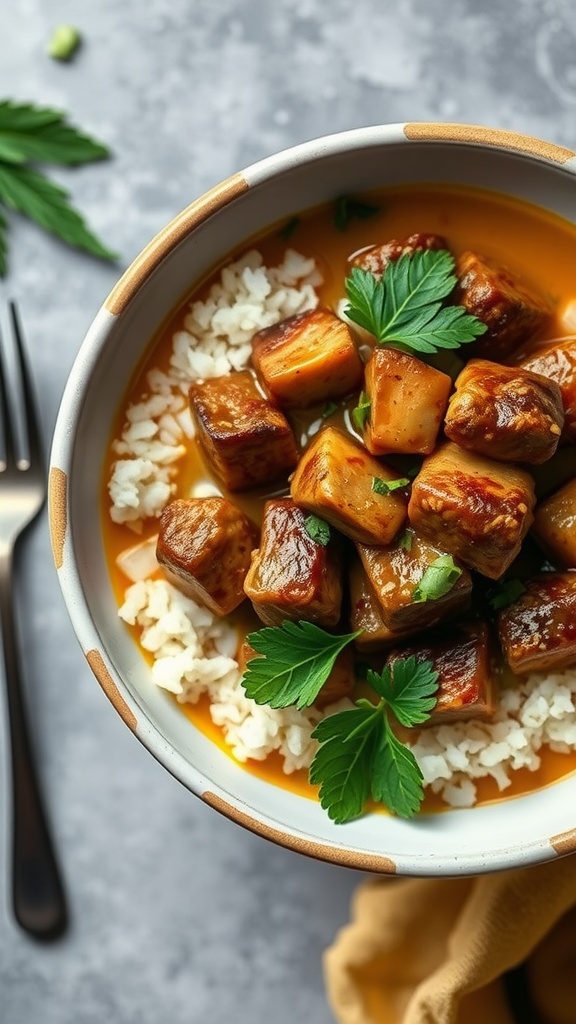 A bowl of coconut curry beef with chunks of meat, rice, and fresh herbs