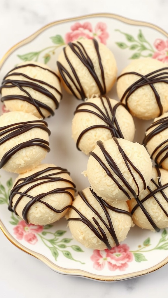 A plate of coconut macaroons drizzled with chocolate.