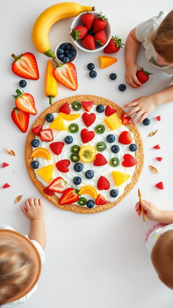 Toddlers making a colorful fruit pizza with various fruits