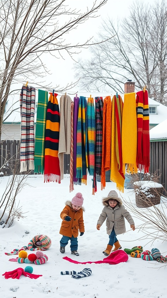 Two children playing in the snow surrounded by colorful scarves hanging on a line.