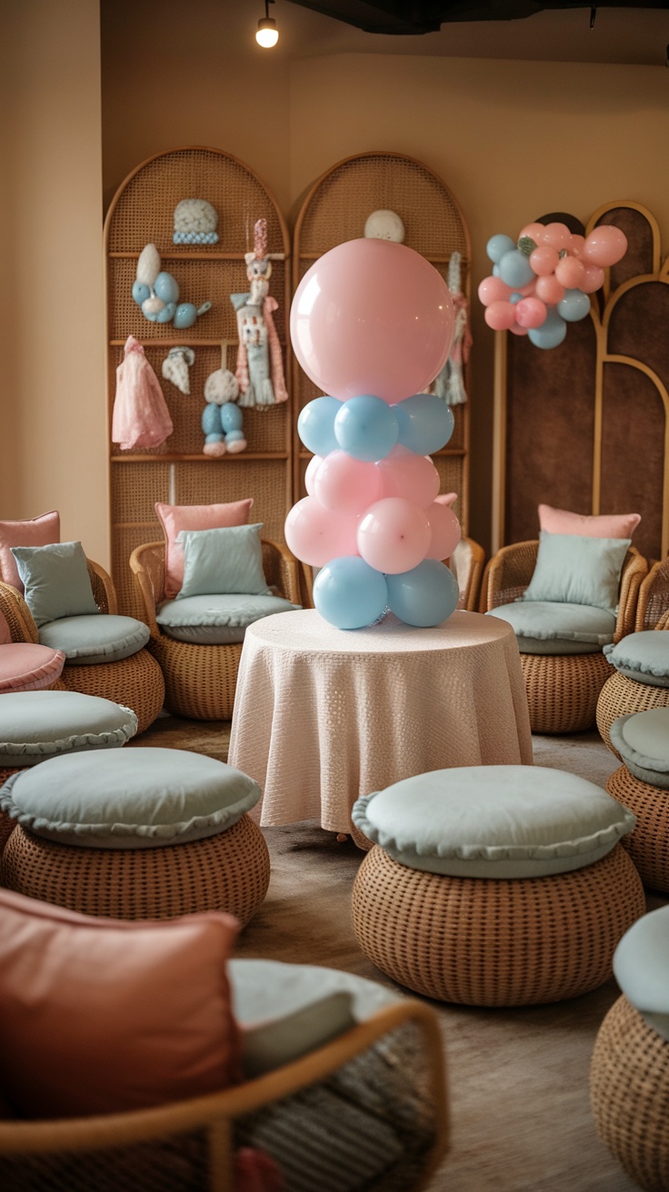 Cozy seating arrangement with balloons for a baby shower.