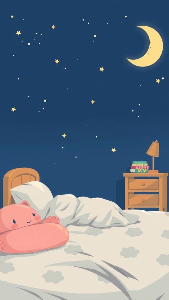 A cozy bedroom scene with a sleeping baby and soft decor under a starry night sky.