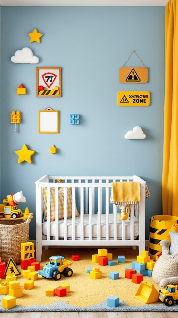 A colorful baby boy nursery with a construction zone theme, featuring a crib, toys, and decorative signs.