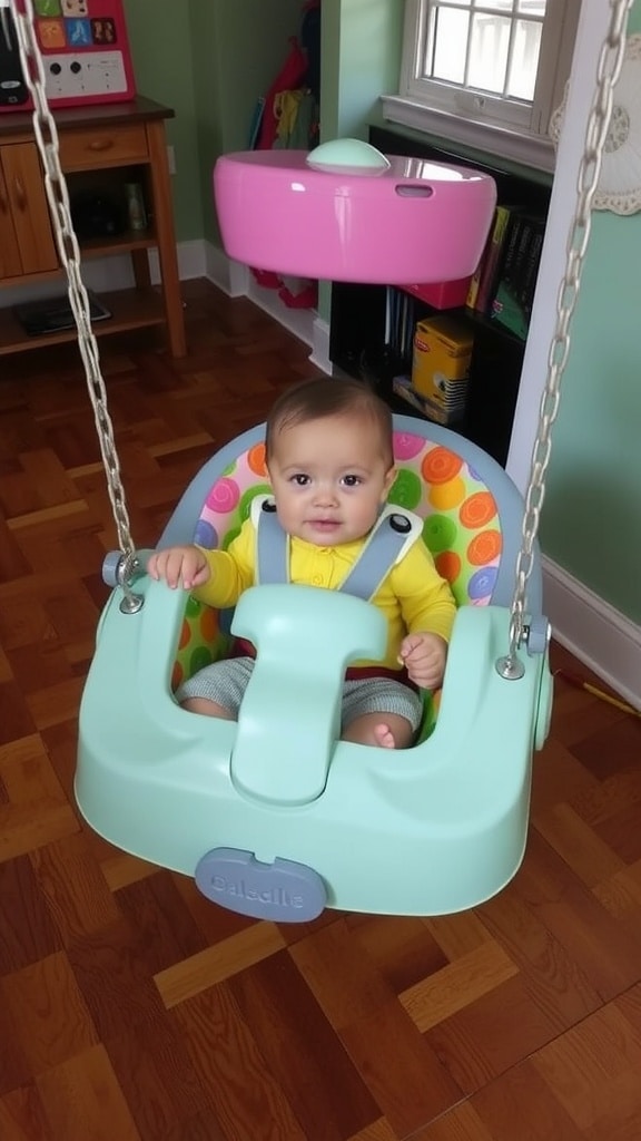 A child sitting in a red swing with a blue background, looking relaxed.