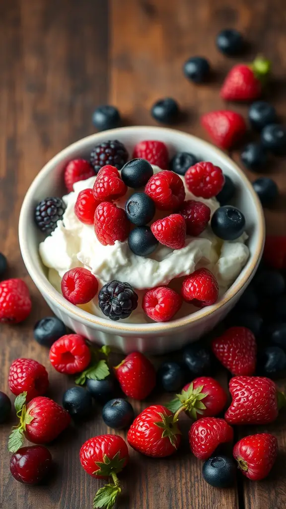 A bowl of cottage cheese topped with fresh strawberries, blueberries, raspberries, and blackberries on a wooden table.