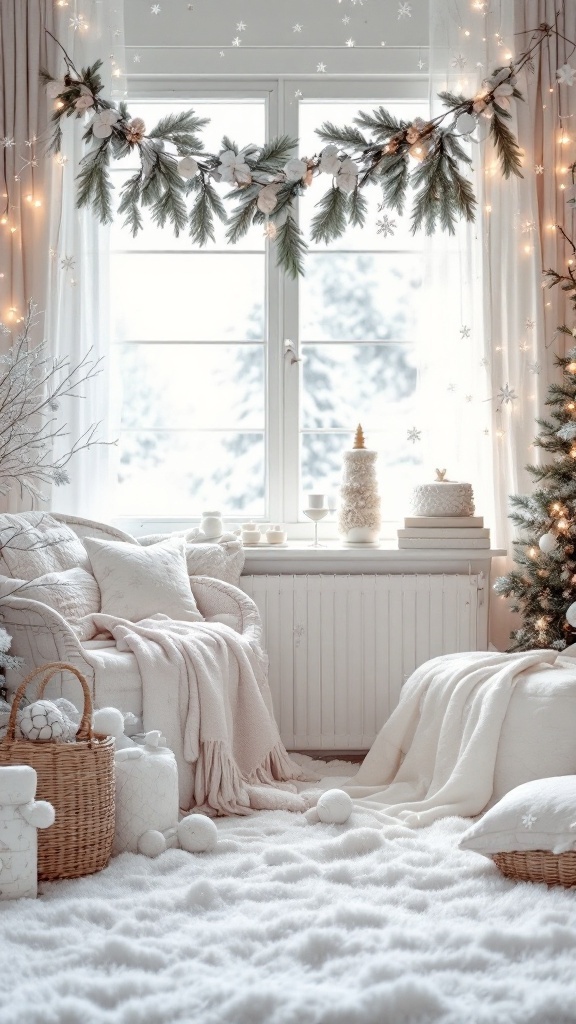 A cozy winter wonderland setting with snowy decor, soft blankets, and warm lighting.