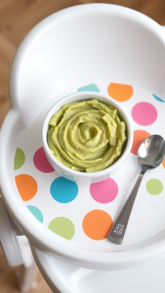 A bowl of creamy avocado and banana mash on a colorful polka dot tray.