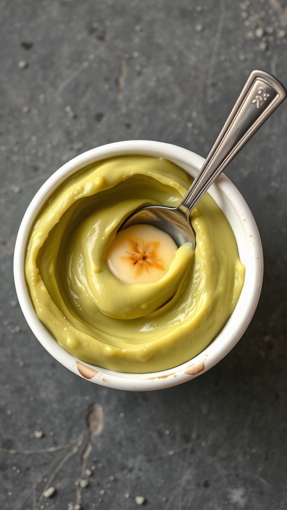 A bowl of creamy avocado and banana puree with a spoon.