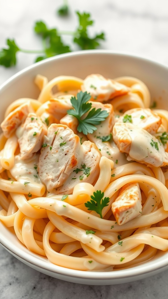 A bowl of creamy Chicken Alfredo pasta with rotisserie chicken and parsley