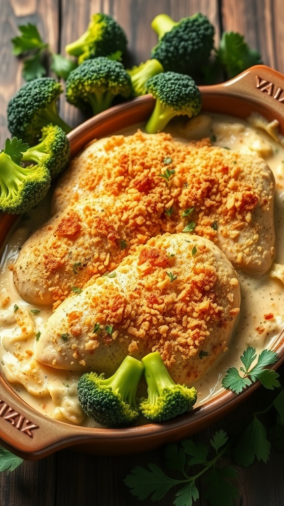 A creamy chicken and broccoli bake with golden breadcrumbs and fresh broccoli.