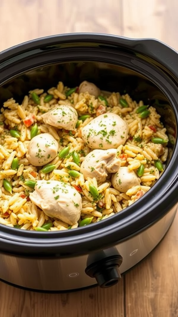 A bowl of creamy chicken and wild rice dish in a crock pot.