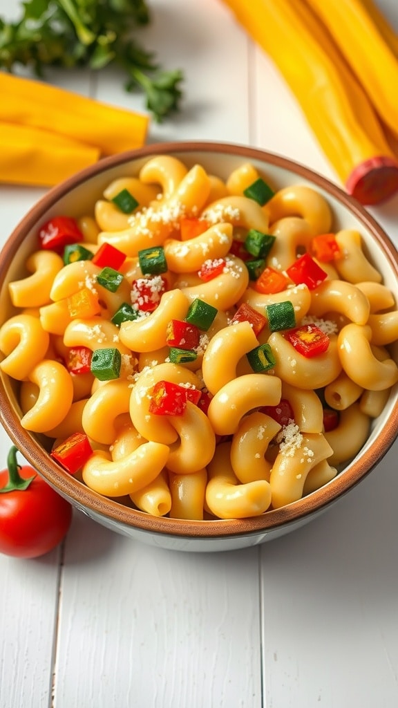 A bowl of creamy macaroni and cheese with colorful diced veggies on top, surrounded by ingredients.