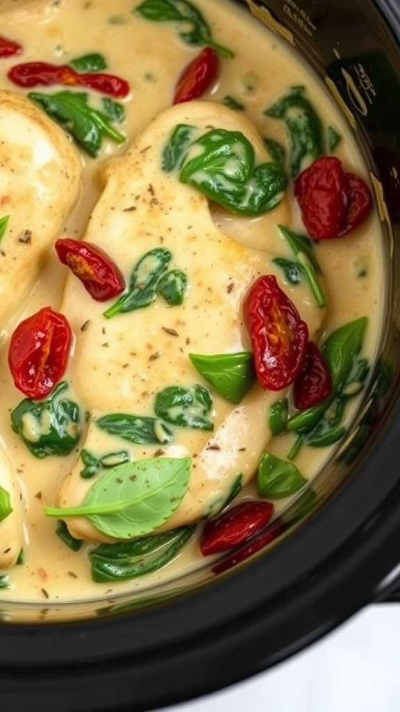 Crock pot creamy Tuscan chicken with spinach and sun-dried tomatoes