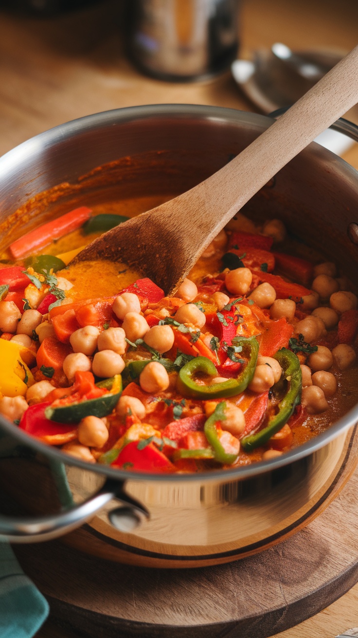 A pot of creamy vegetable and chickpea curry with vibrant peppers and chickpeas.