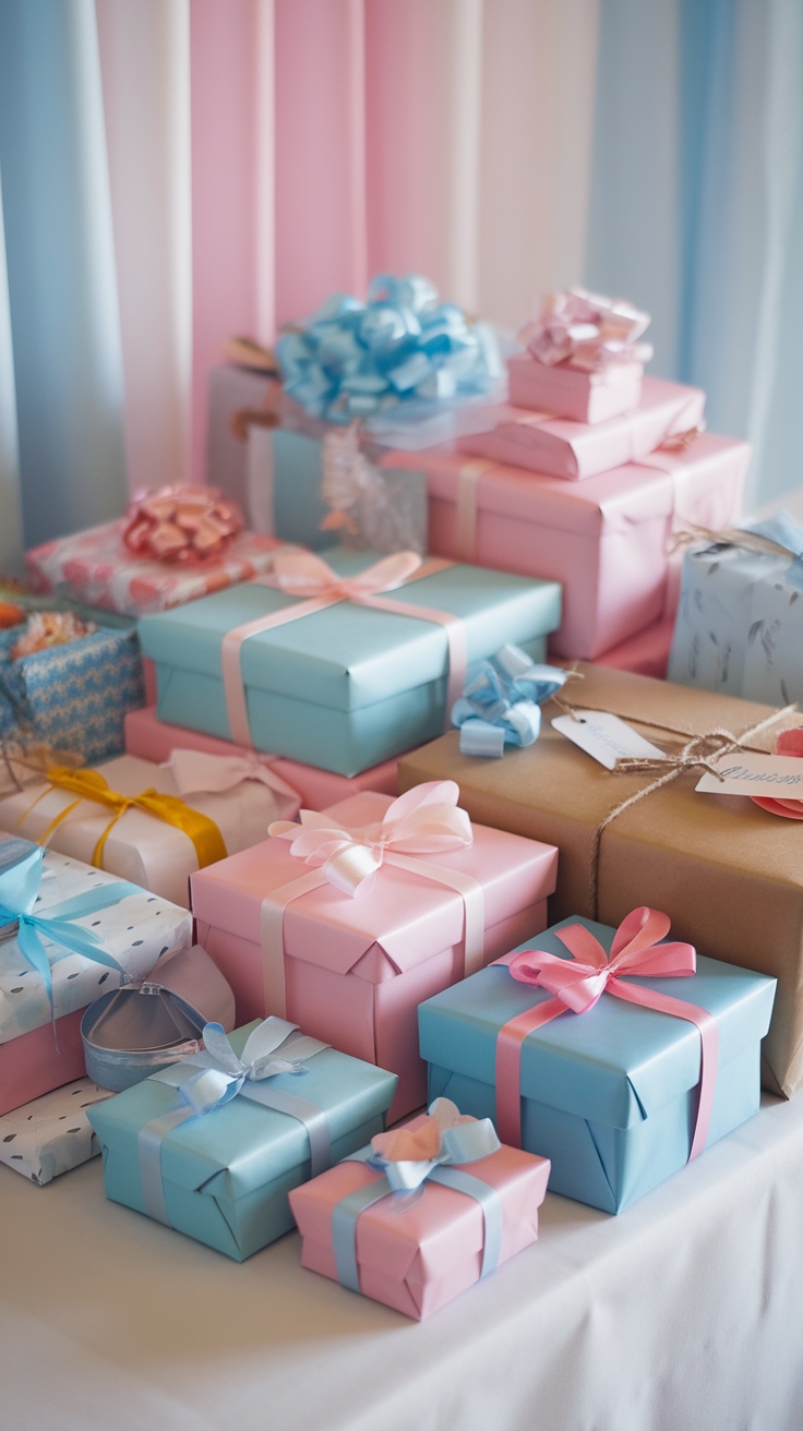 A collection of beautifully wrapped gifts in various pastel colors, with ribbons and decorative tags.